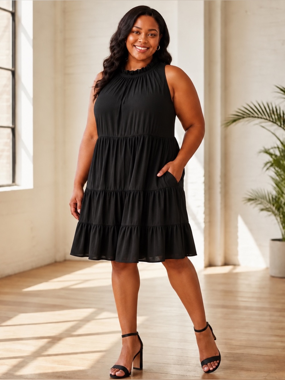 Pinch Black Tiered Sleeveless Mock Neck Midi Dress Size Large